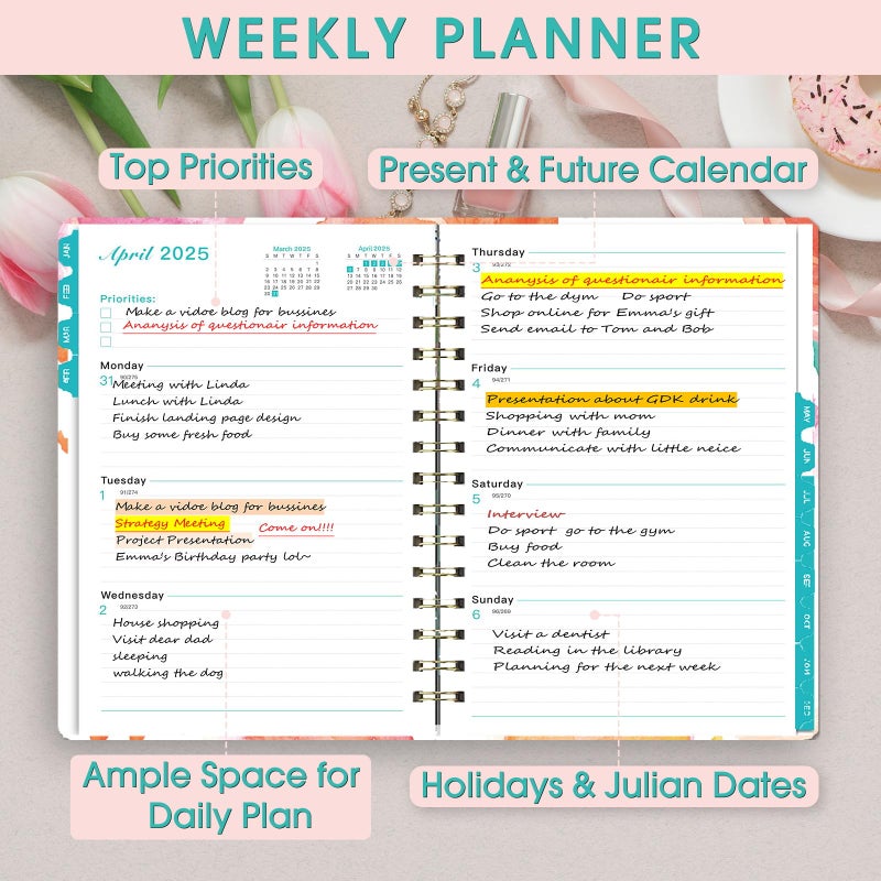 Ymumuda 2025 Planner, 12-Month Daily Weekly Monthly Planner from JAN.2025 to DEC.2025, 8.4"" X 6"", Spiral Planner Notebook with Stickers, Elastic Closure, Inner Pocket - Image 4